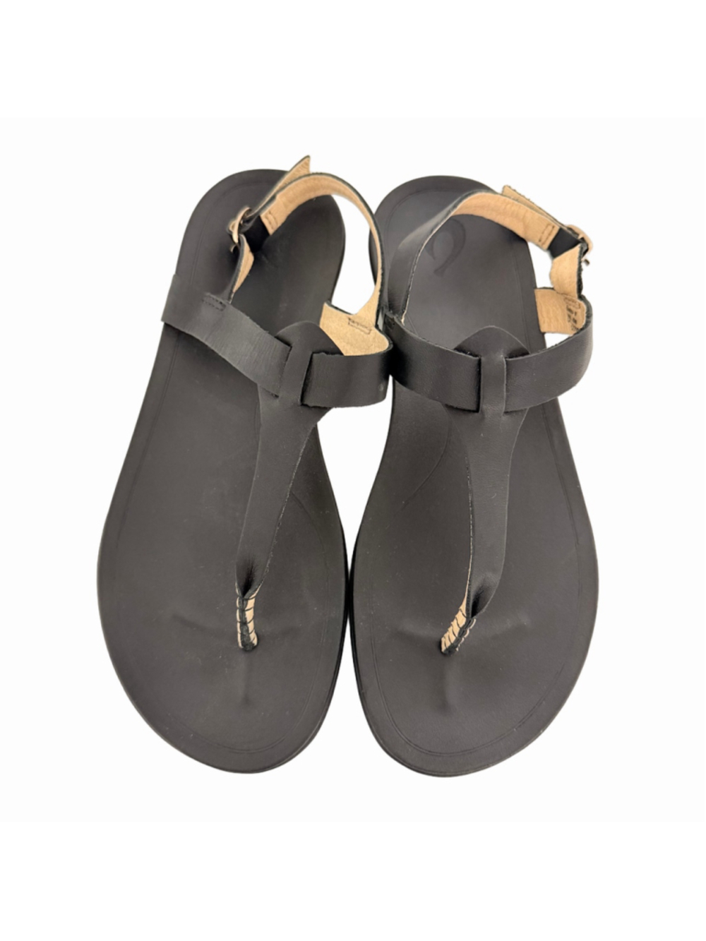 OluKai Ekekeu Leather T-Strap Sandals Black Women's Size 9 Minimalist Casual
